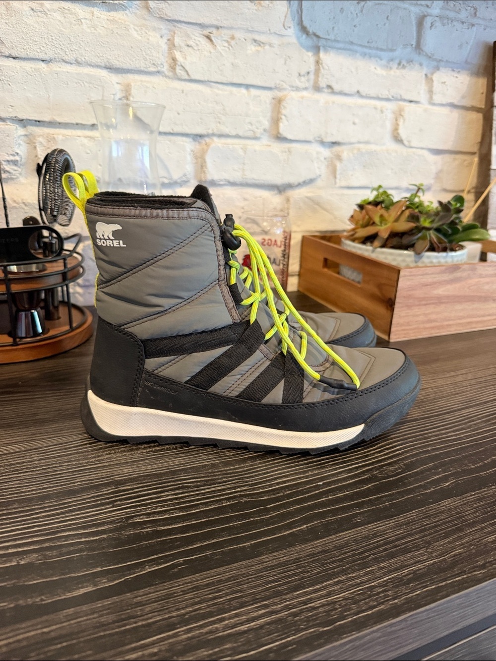 Sorel Gray Boot with Neon Yellow Laces